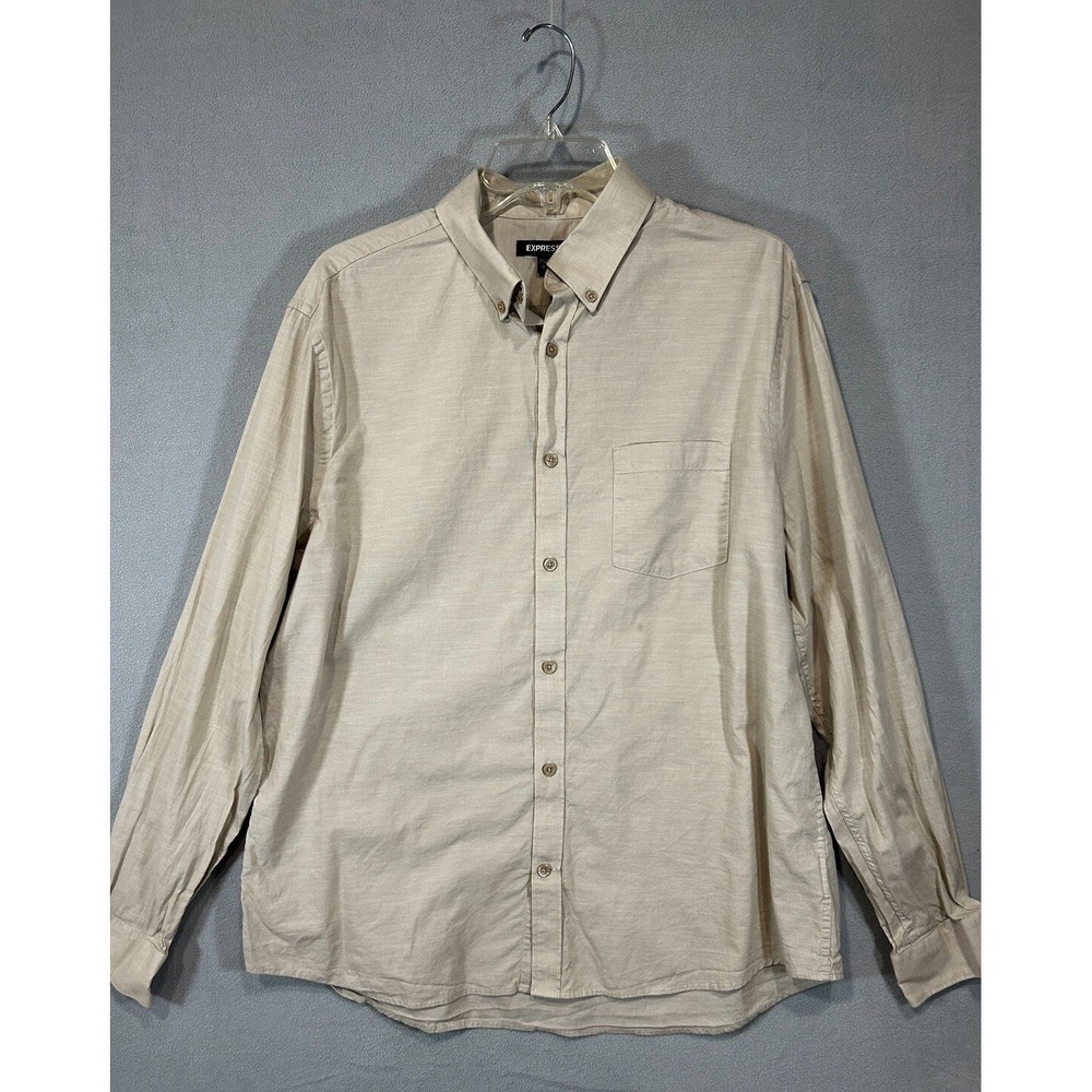 Express Shirt Mens Large‎ Beige Button Up 100% Cotton Office Business Work